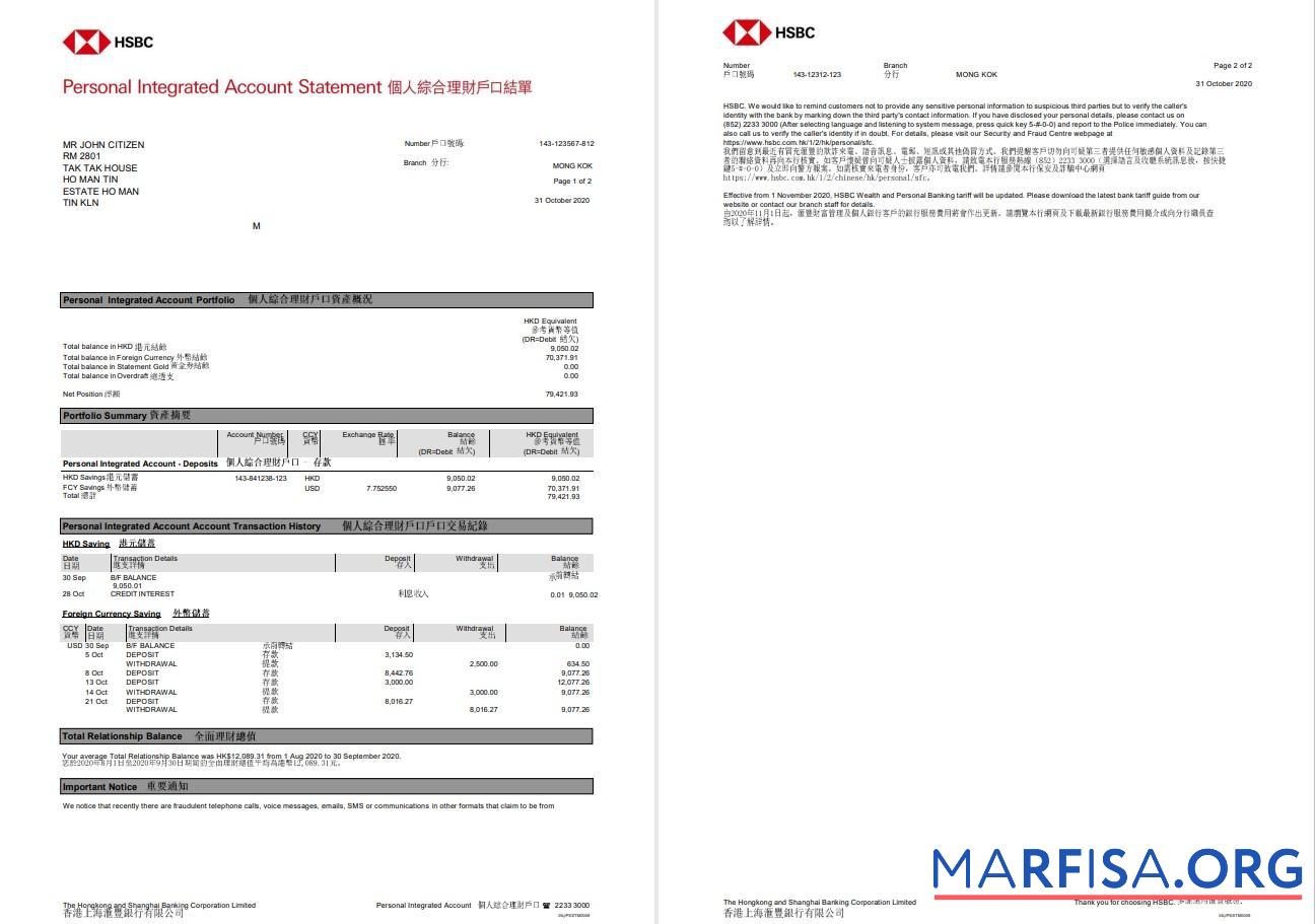 Blank Hong Kong HSBC The Hongkong and Shanghai Banking Corporation Personal Integrated Account bank statement word example